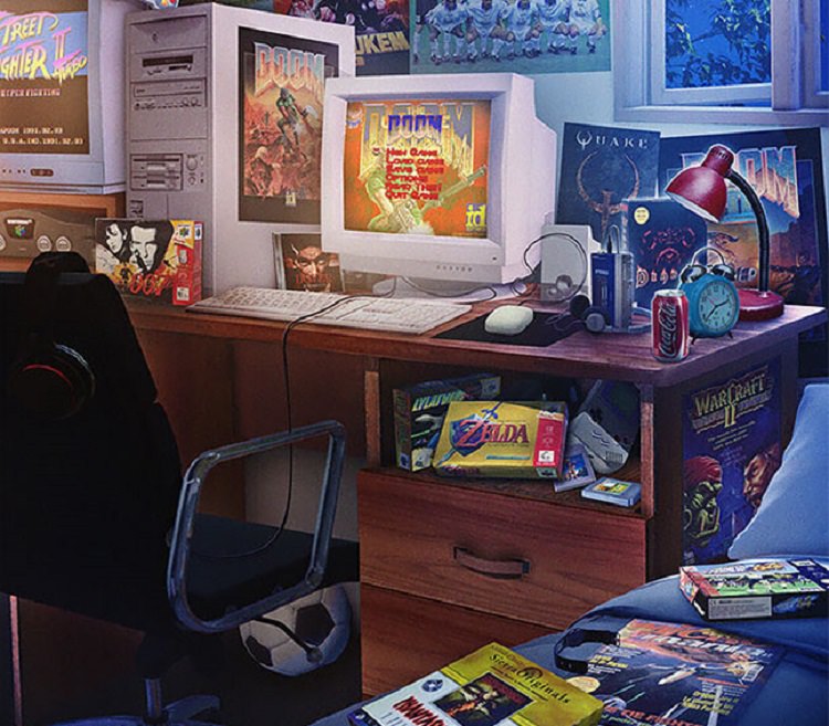 نقاشی از اتاق یک بازیکن با عناصر فرهنگی بازی شامل مجلات و پوستر بازی وارکرافت و دوم