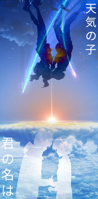 دو روح متصل شده به یکدیگر در مقابل طلوع آفتاب از پشت ابرهای زیبا در انیمه جدید ماکوتو شینکای