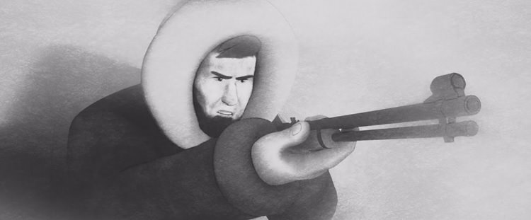 شخصیت مرد اسکیمو با اسلحه در محیط برفی در انیمیشن کوتاه Ada