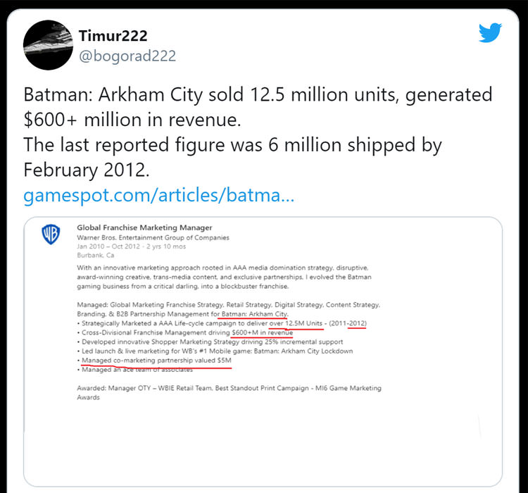 توییت Timur222 در ارتباط با فروش ۱۲.۵ میلیون نسخه‌ای Batman: Arkham City