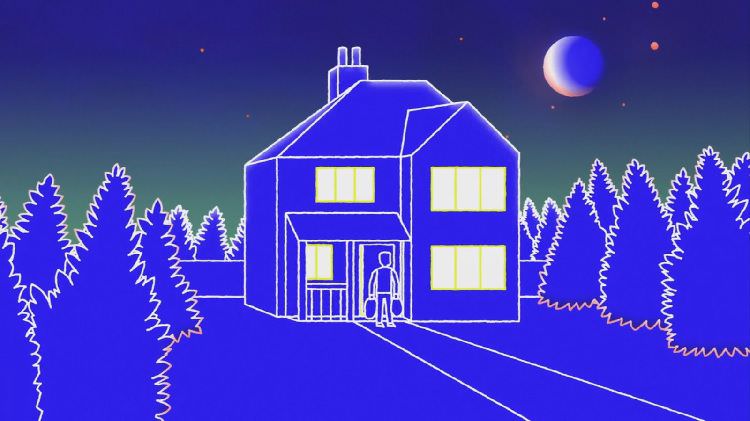 خانه، ماه و درختان در زمینه‌ای آبی در انیمیشن کوتاه Space Man