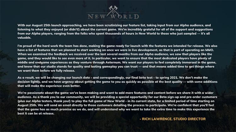  بیانیه تاخیر بازی New World تا سال ۲۰۲۱