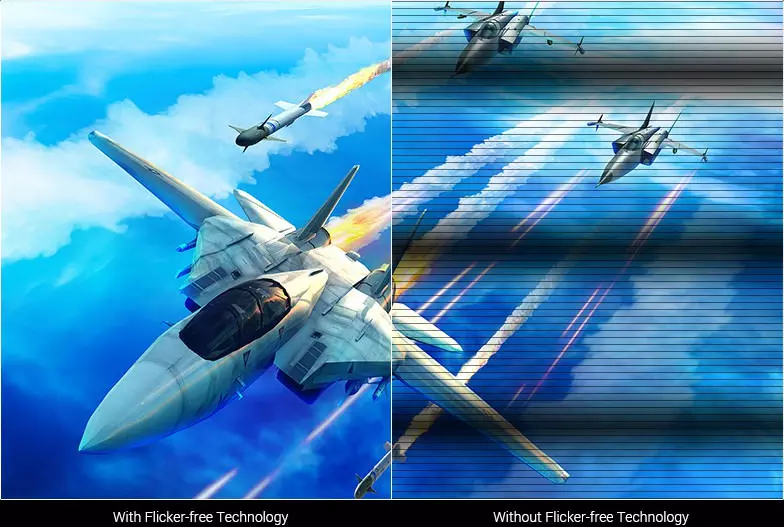 مقایسه ی تصویر حرکت سریع یک هواپیمای جنگی در مانیتوری با قابلیت Flicker Free در سمت چپ و بدون این قابلیت در سمت راست