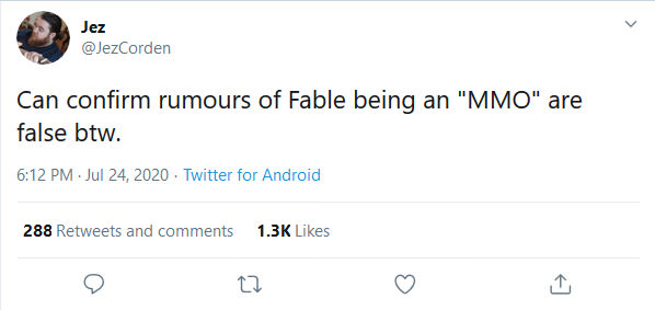 توییت تکذیب شایعه MMO بودن بازی Fable