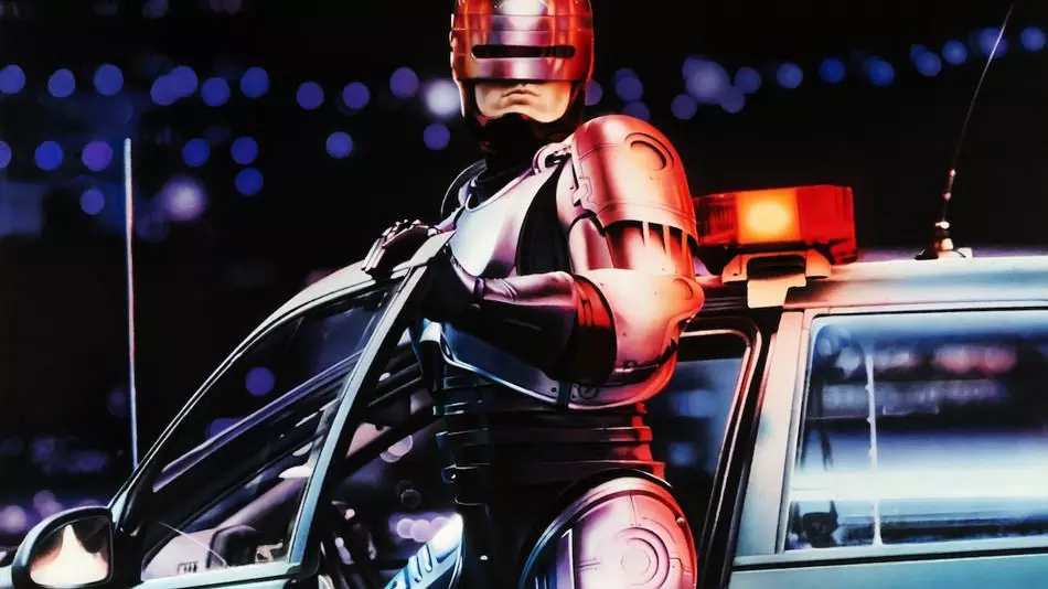 پیاده شدن شخصیت پلیس آهنی از ماشین در پوستر معروف فیلم RoboCop