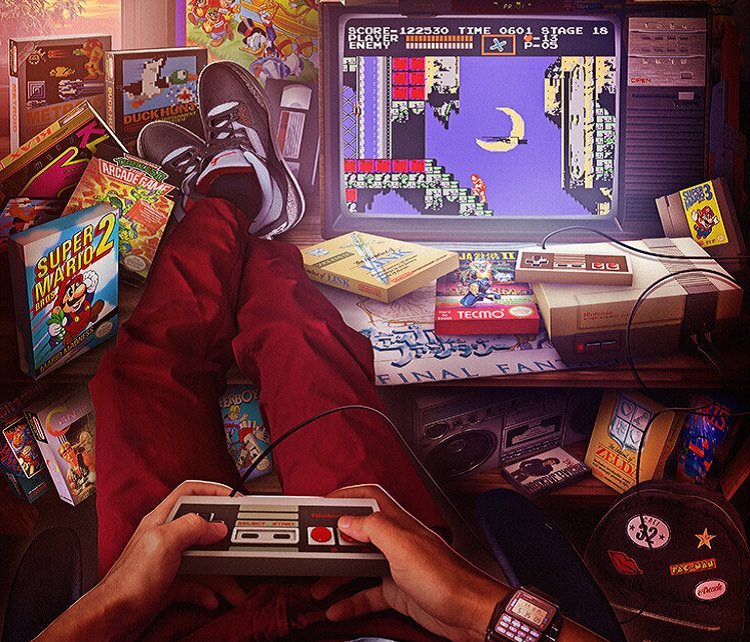 نقاشی از یک بازیکن در تعامل با سیستم سرگرمی نینتندو با دسته کنترلی دارای دی پد
