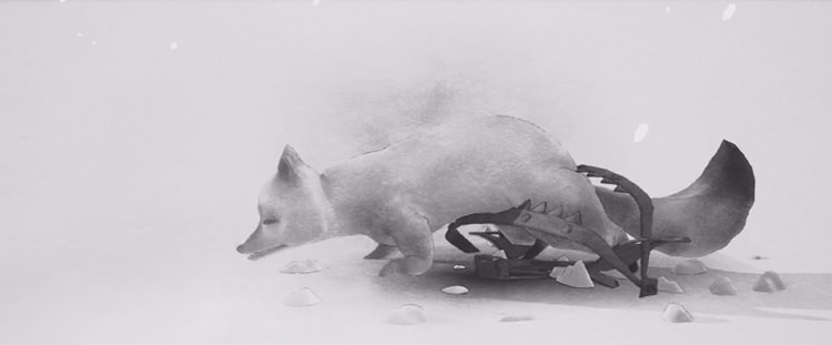 روباه گیر کرده در تله با پشت زمینه محیط برفی در انیمیشن Ada