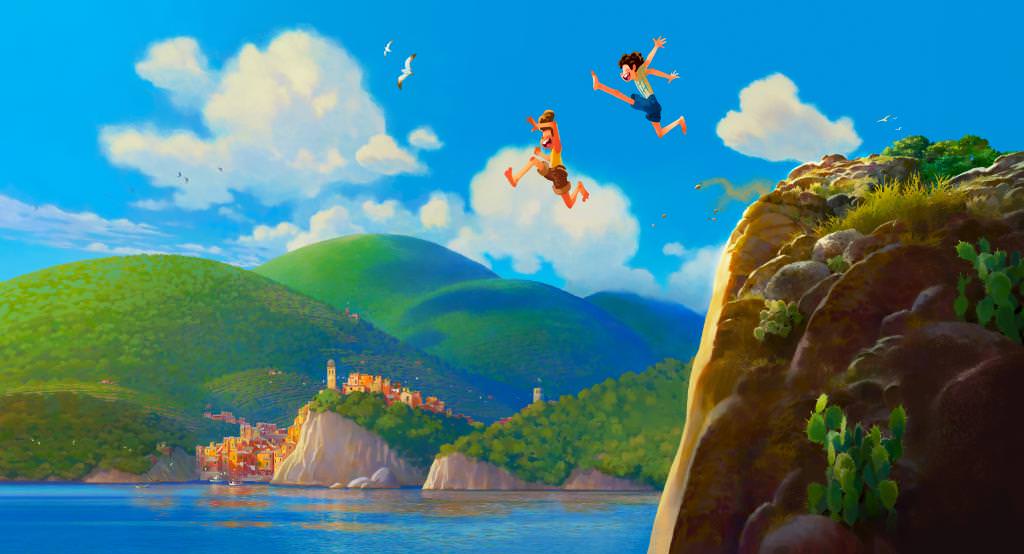 لوکا و دوستش در حال پریدن از صخره در انیمیشن Luca