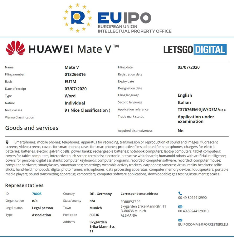 مدارک ثبت نشان تجاری Huawei Mate V در EUIPO