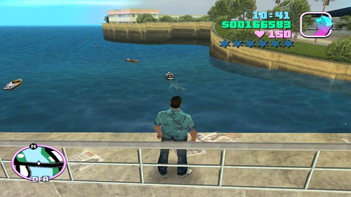 کاراکتر در بازی اتوموبیل دزدی بزرگ روی پل منتظر رسیدن کشتی به جزیره است