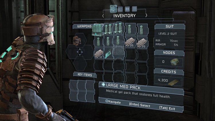 استفاده از سامانه هاد در بازی Dead Space اطلاعات را بر صفحه هولوگرافیک و لباس آواتار نشان میدهد