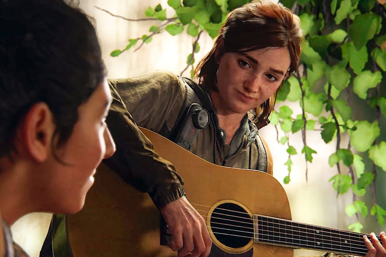اِلی مشغول نواختن گیتار برای دینا در بازی The Last of Us Part II