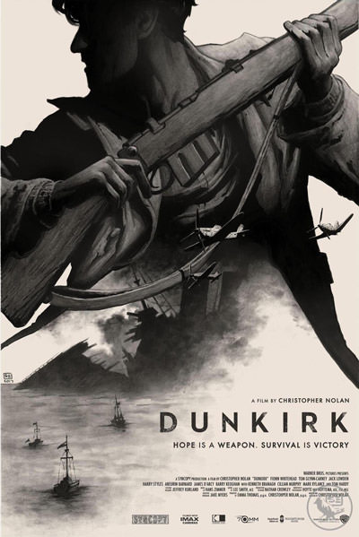 نقاشی سرباز اسلحه به دست و قایق های قرارگرفته درون آب در جنگ جهانی دوم در فیلم دانکرک کریستوفر نولان