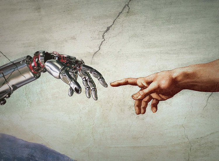 بازنمودی از نقاشی میکلانژ با نمایش دستان انسان و ربات به جای خداوند
