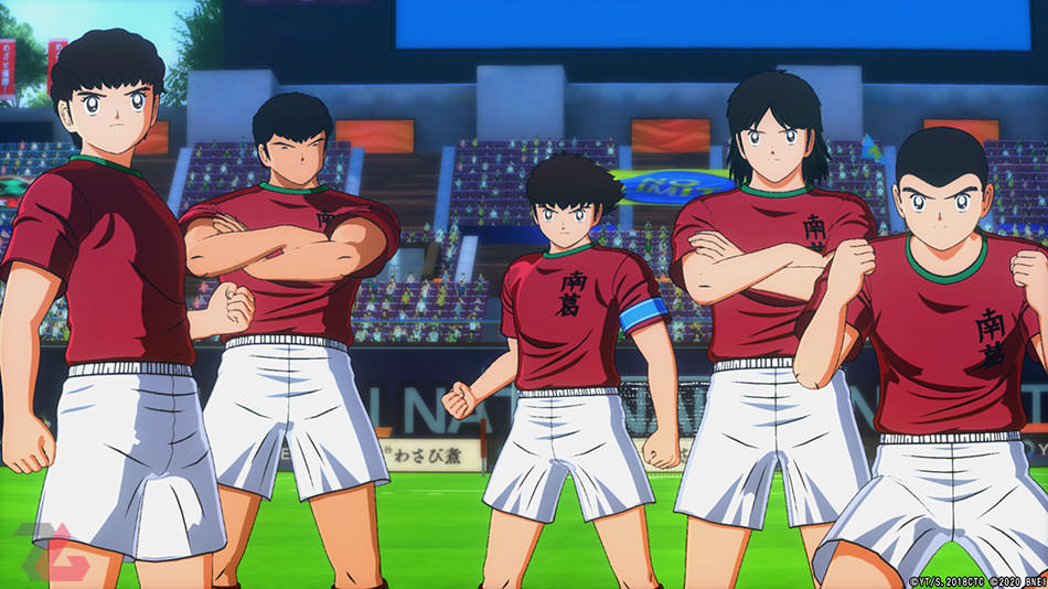 سوباسا در کنار اعضای تیم نانکاتسو در بازی Captain Tsubasa: Rise of New Champions