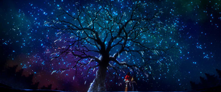 درخت بی شاخ و برگ زیر ستاره های زیبای آسمان شب در انیمه شهری که تنها من در آن گمشده ام