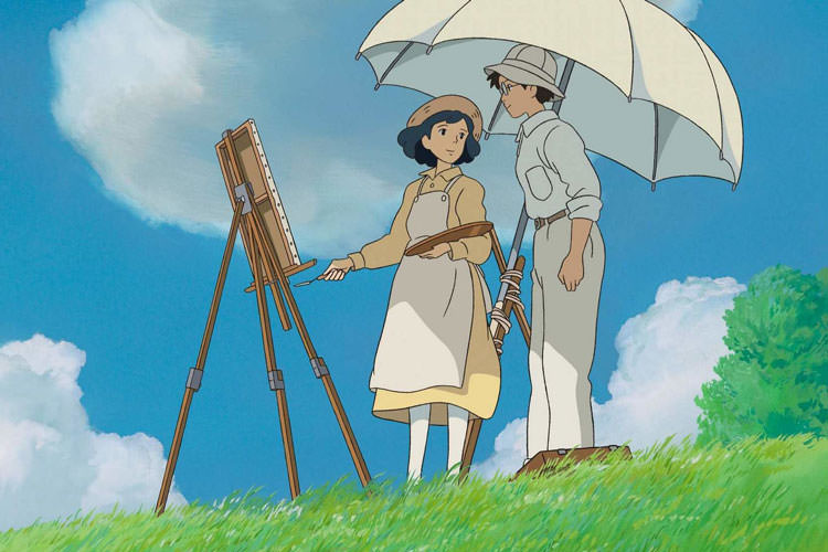 زن نقاش کنار همسر خود زیر چتر سفید در انیمه The Wind Rises هایائو میازاکی
