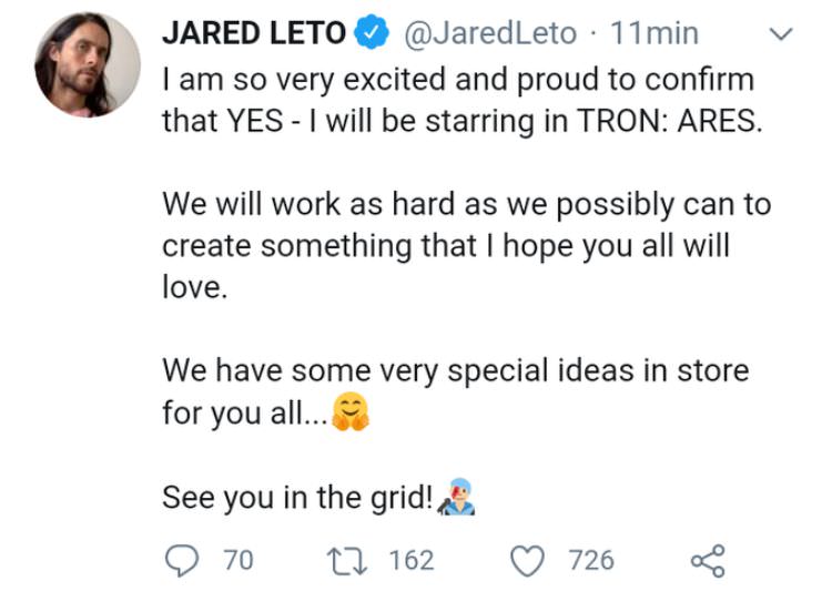 توییت پاک شده جرد لتو که به نام Tron: Ares اشاره دارد