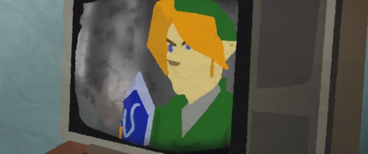 کارکتر لینک از Legend of Zelda در تلویزیون CRT قدیمی در انیمیشن Player Two