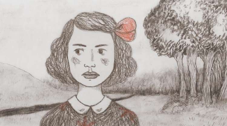 شخصیت دختر با ربان قرمز رنگ و پشت زمینه رودخانه و دختر سیاه و سفید