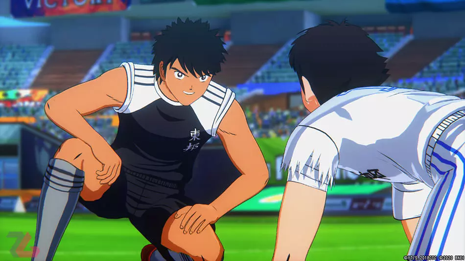 کوجیرو هیوگا و سوباسا در حال گفت و گو در بازی Captain Tsubasa: Rise of New Champions