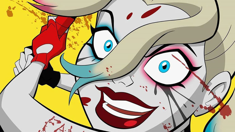 چشمان آبی و قرمز و آرایش غلیظ هارلی کوئین در کلوزآپ انیمیشن سریالی دی سی
