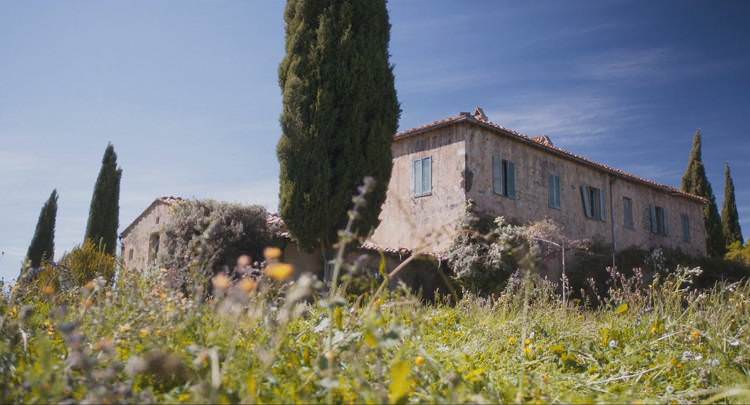 خانه‌ی ویلایی، درختان سبز، آسمان آبی، چمن و گل؛ نمایی از فیلم Made in italy