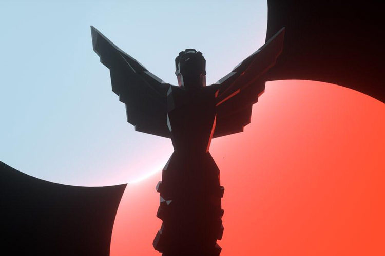 عکس زیبا از مجسمه گیم اواردز/ جایزه مراسم The Game Awards با نورپردازی قرمز و آبی