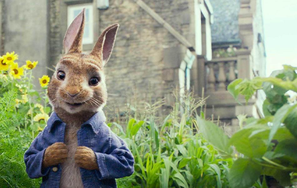 شخصیت پیتر خرگوشه در حیاط یک خانه در فیلم Peter Rabbit 2018