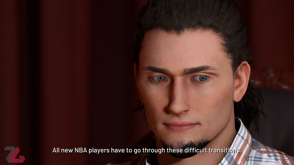 جونیور در حال گوش دادن به صحبت‌های منیجر خود در NBA 2K21