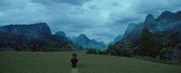 زن چینی مبارز سوار بر اسب میان کوه و چمنزار در فیلم مولان دیزنی