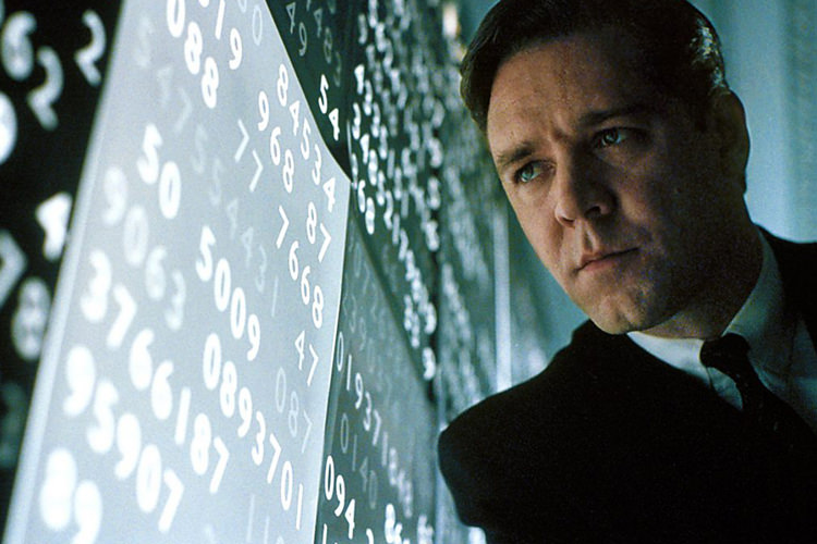 راسل کرو به اعداد نگاه می‌کند در فیلم یک ذهن زیبا