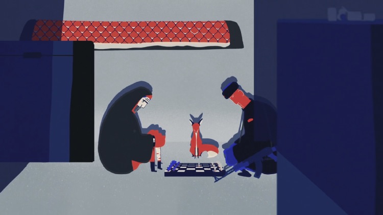 شخصیت‌های سرباز و زندانی در حال شطرنج بازی کردن در پناهگاه کم نور و روباه در انیمیشن Senseless