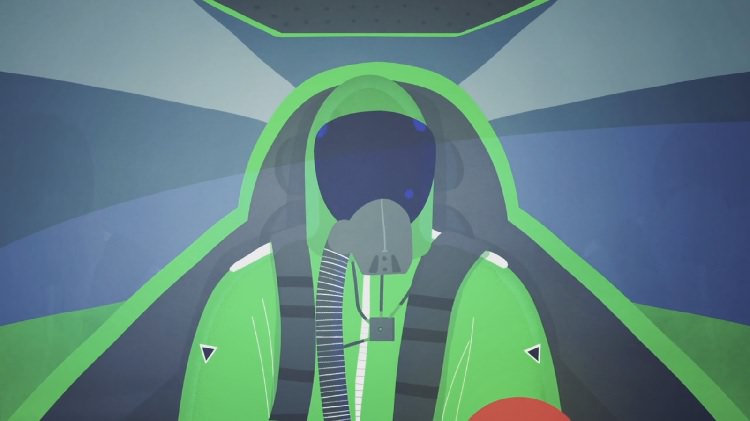 شخصیت خلبان با لباس سبز، در هواپیمای سبز، در حال پرواز در آسمان آبی در انیمیشن کوتاه Senseless