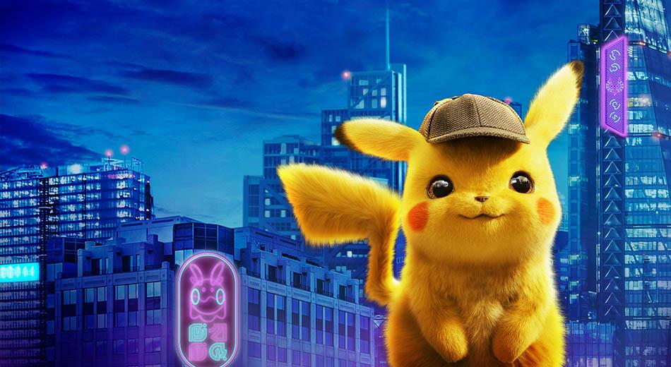 شخصیت پیکاچو و نمایی از شهر ریم سیتی در فیلم Pokémon Detective Pikachu 2019