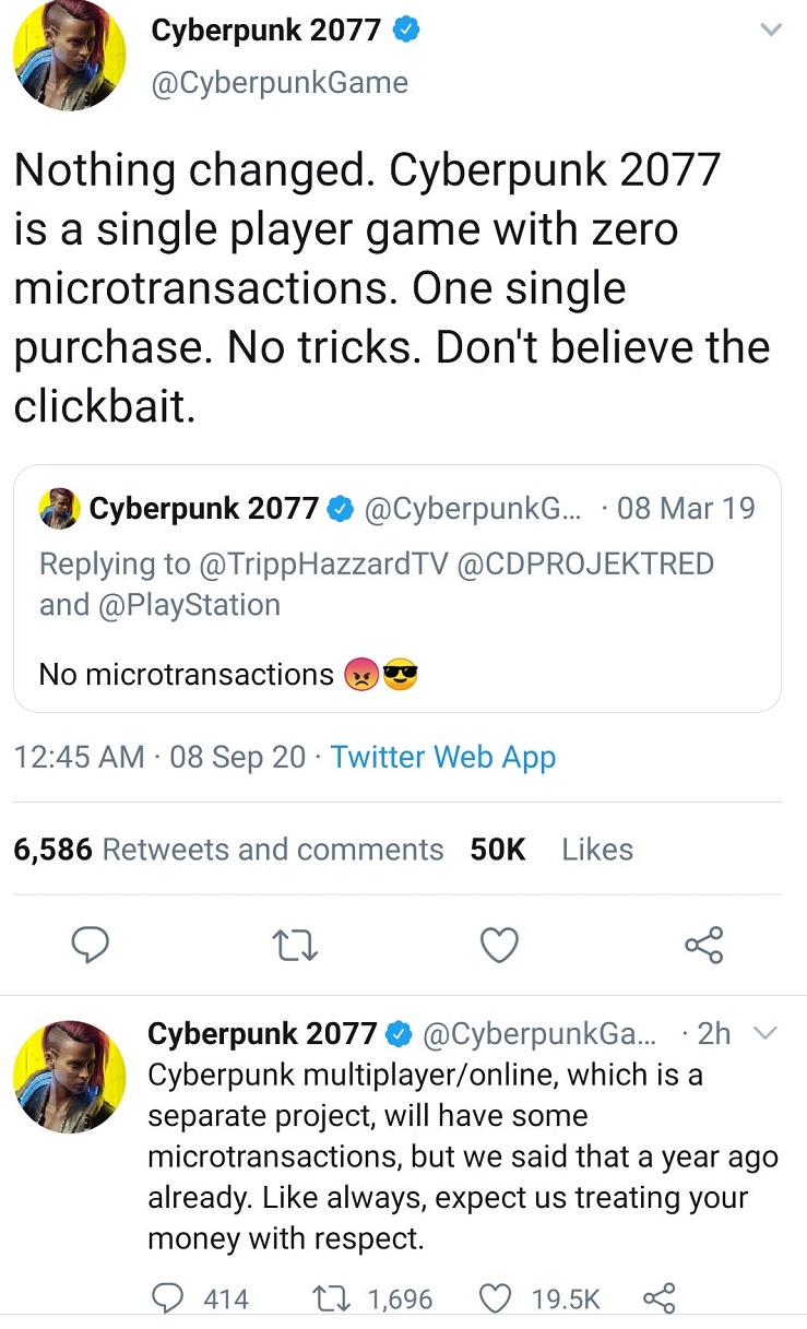 توییت سی در پراجکت رد درباره خرید های درون برنامه ای Cyberpunk 2077