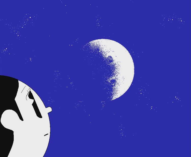 شخصیت پسر با پشت زمینه‌ی نیمه‌ی ماه، ستارگان شب و آسمان لاجوردی انیمیشن Black Sheep Boy