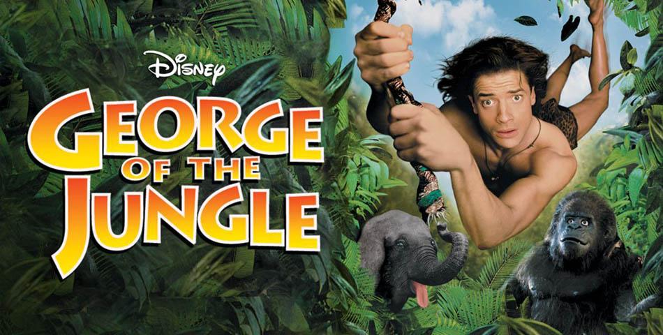 شخصیت جورج درحال حرکت با طناب باحضور یک میمون در فیلم لایو اکشن George of the Jungle 1997