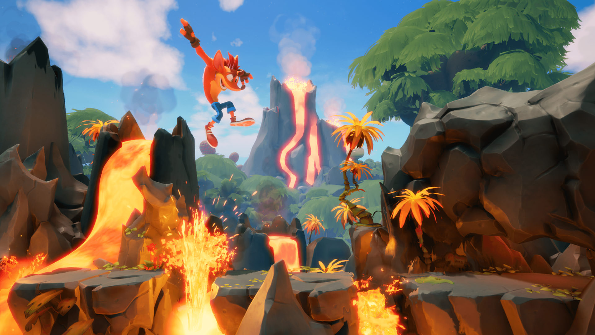 کرش بندیکوت در حال دب زدن میان آتش نشان در بازی Crash Bandicoot 4: It