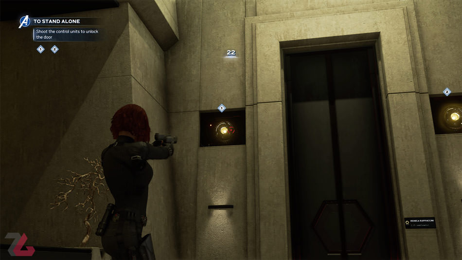 بلک ویدو مشغول نشانه گرفتن برای شلیک با تفنگ در بازی اونجرز بازی Marvel's Avengers (مارول اونجرز) پلی استیشن PS4 , PS5