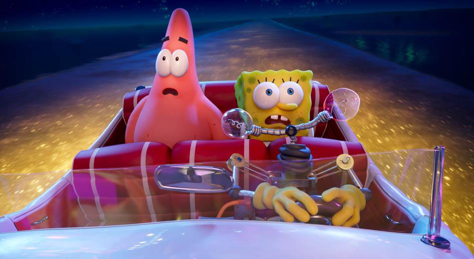 شخصیت‌های باب اسفنجی و پاتریک در یک ماشین در فیلم The SpongeBob Movie: Sponge on the Run 2020
