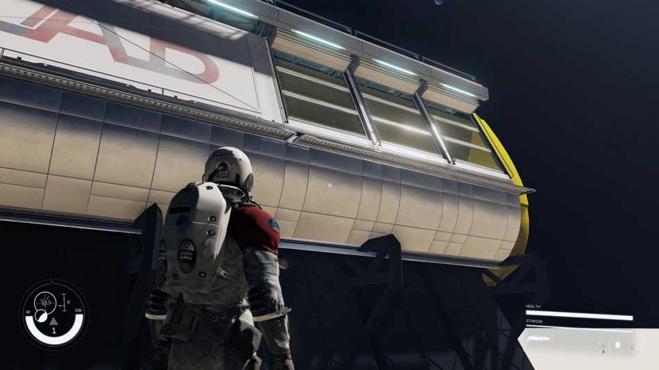 فضانورد در حال نگه کردن به ایستگاه فضایی در بازی استارفیلد بتسدا