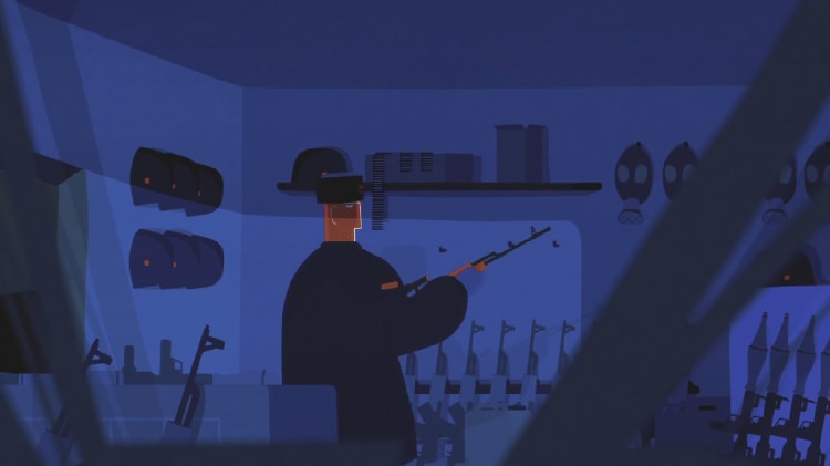 شخصیت سرباز، تفنگ به دست، در اسلحه‌ خانه‌ با دیوارهای آبی رنگ در انیمیشن کوتاه Senseless