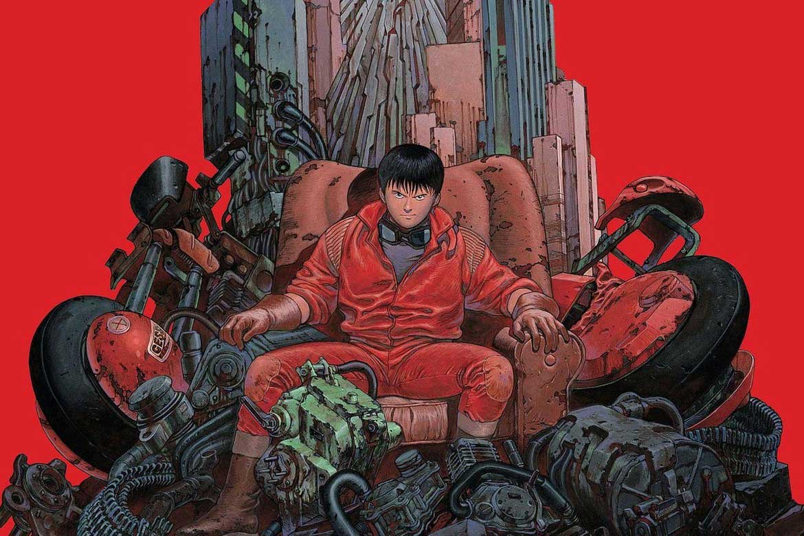 انیمه Akira و پسر با لباس قرمز تکیه داده به زباله ها و موتور خود