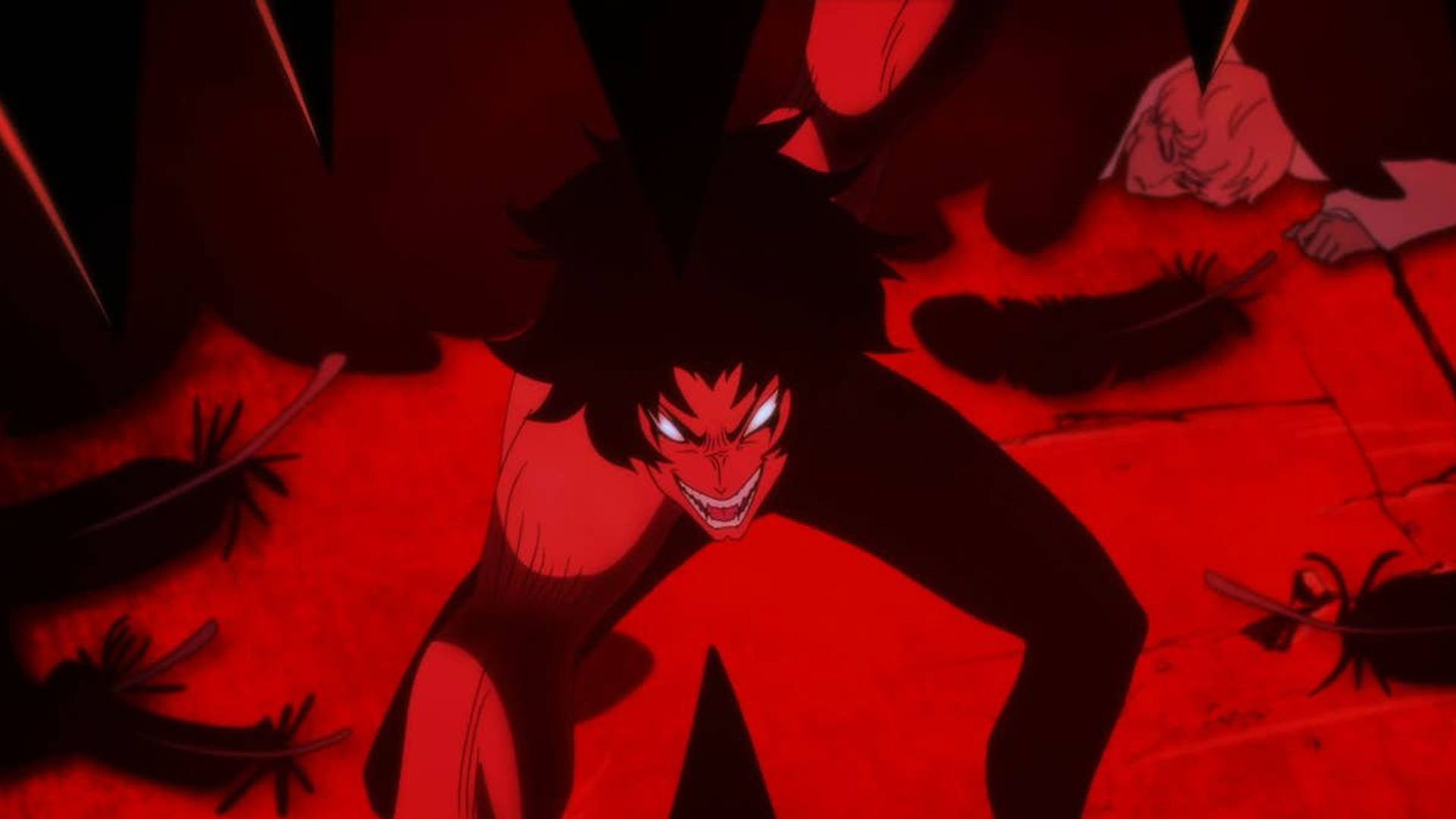 آکیرای خشمگین در حال فریاد زدن در نوری قرمز از انیمه‌ی Devilman: Crybaby