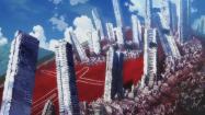 شهر، خون قرمز، آسمان آبی، ابرهای سفید و سقوط ساختمان ها در انیمه Neon Genesis Evangelion