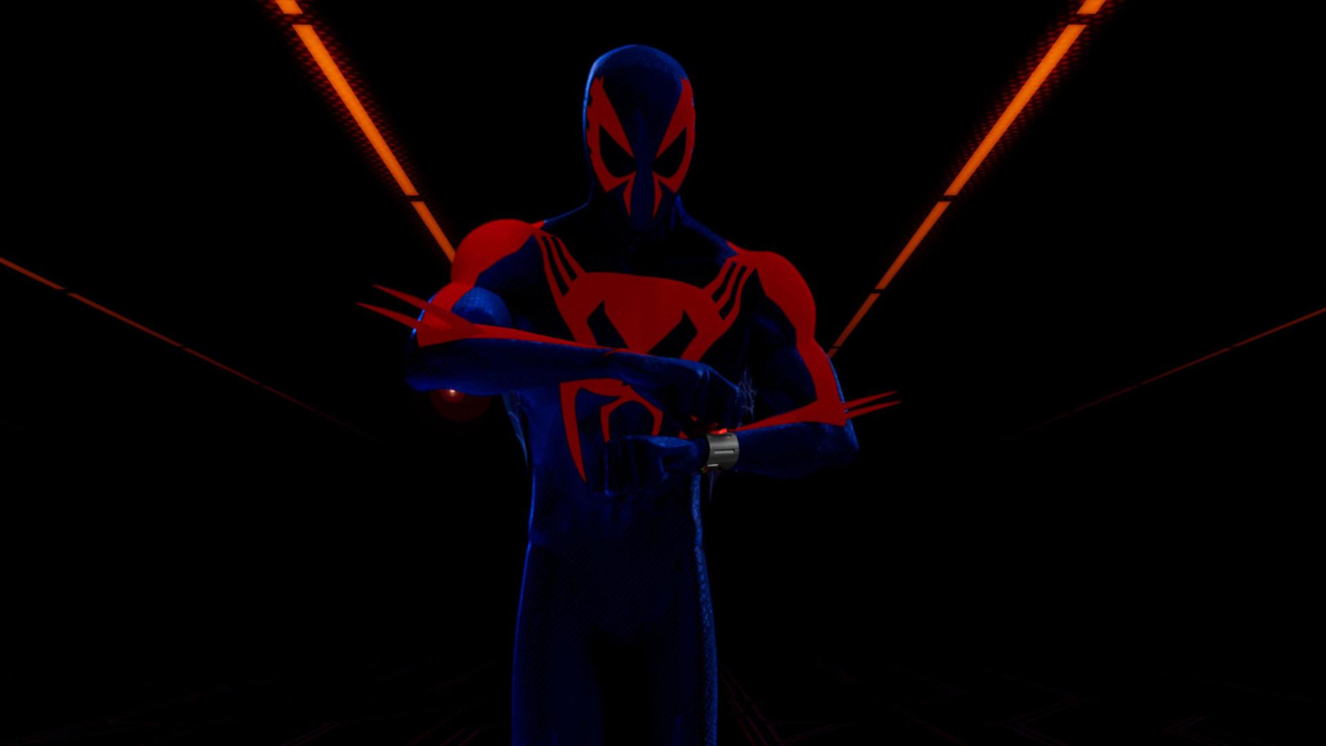 اسپایدرمن 2099 در حال بررسی ساعتش در انیمیشن Spider-Man: Into the Spider-Verse 2