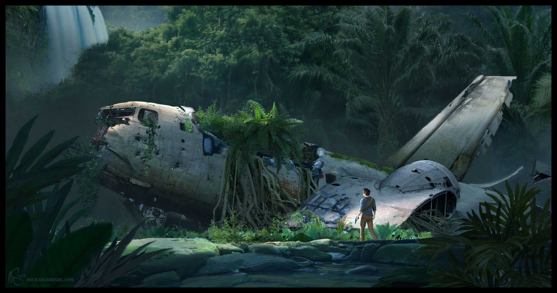 طرح هنری بازی آنچارتد با حضور نیتن دریک در مقابل هواپیما سقوط کرده و طبیعت دست نخورده اطراف