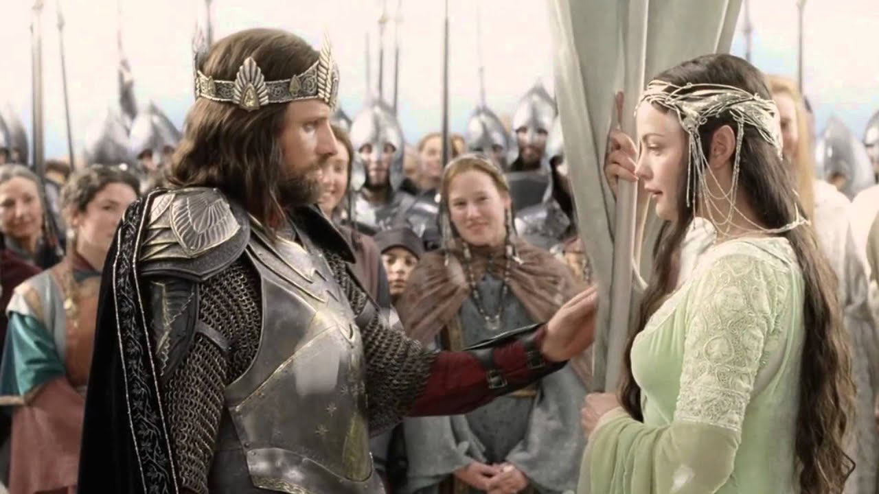 آراگورن با تاج پادشاهی با آرون دختر الروند ملاقات میکند