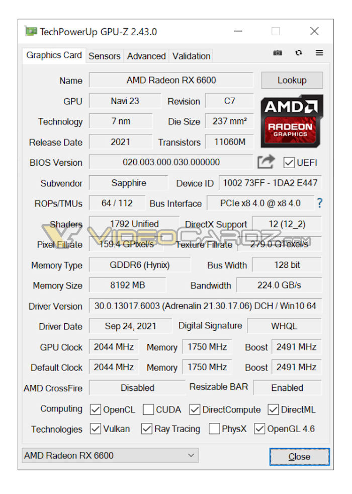 آنالیز GPU-Z لو رفته از کارت گرافیک AMD Radeon RX 6600